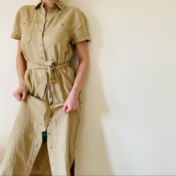 Lauren Ralph Lauren Dresses Ralph Lauren Khaki 0 Linen Belted Shirt